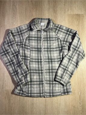 Columbia Gray & White Plaid Fleece Zip Jacket Cozy Classic Chic